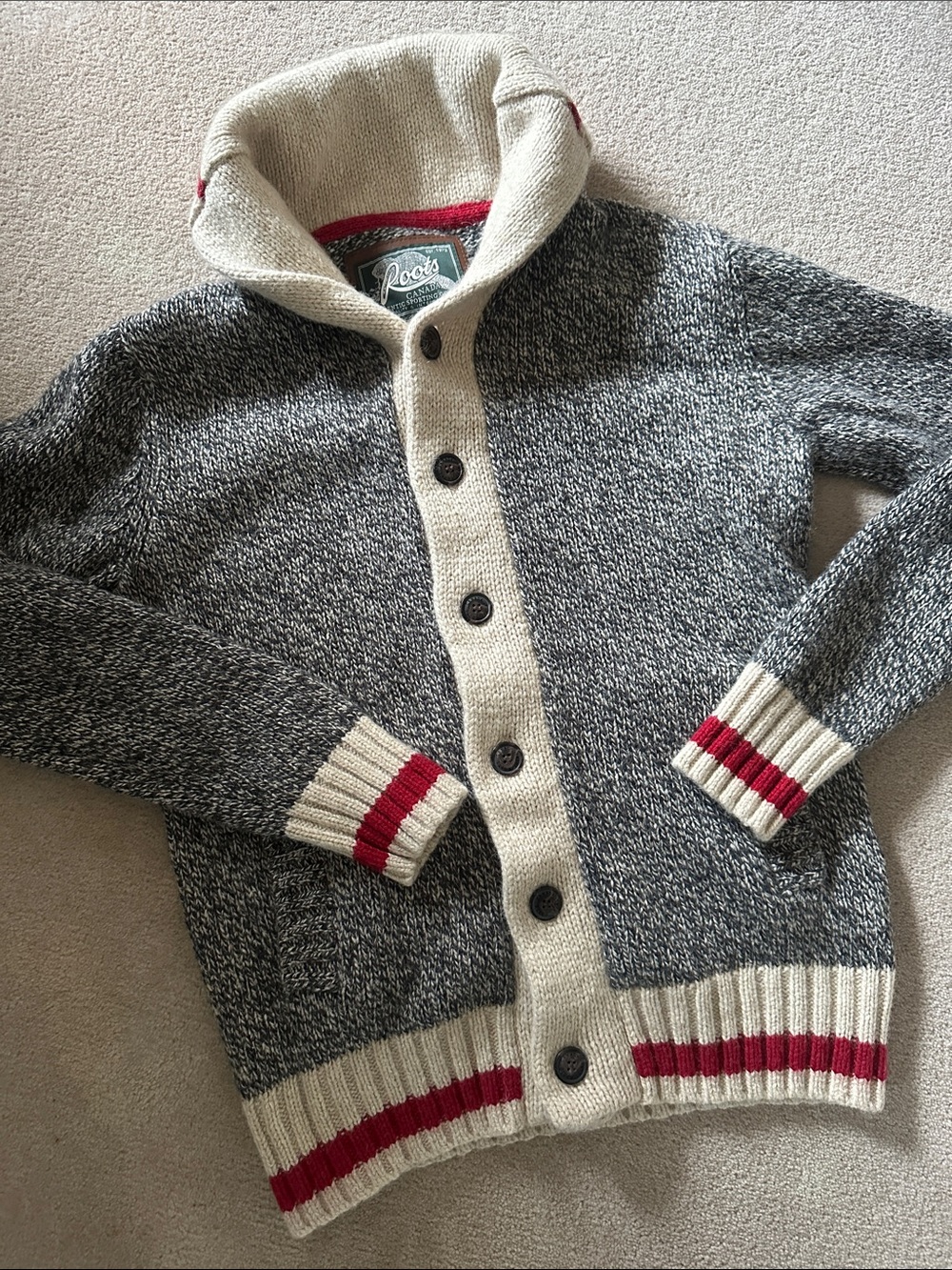 Roots Marled Gray & Cream Button Cardigan with Red Stripes!